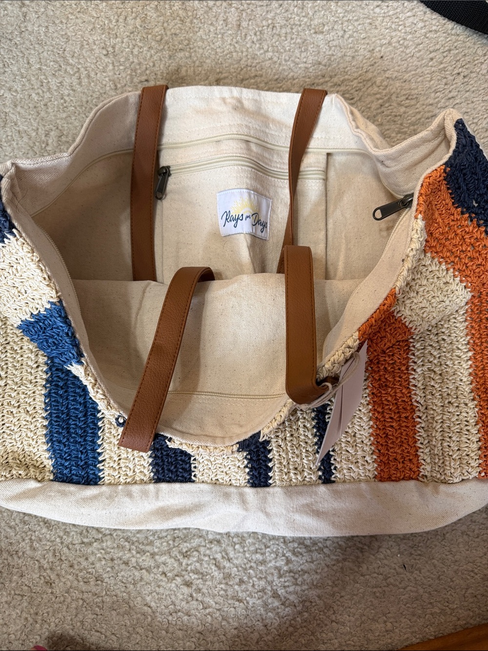 Rays n Rays Striped Crochet Tote in Navy, Orange, and Cream